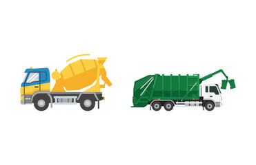 Fototapeta premium Vector illustration set featuring construction concrete mixer and waste management truck