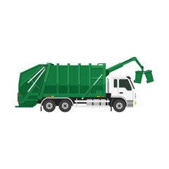 Fototapeta premium Modern Green Garbage Truck Collecting Refuse Vector Illustration for Waste Management Service