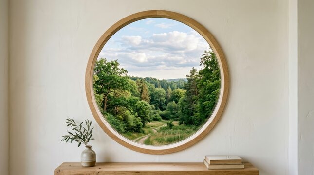 Through the Round Window: Scenic View of Green Landscape and Nature