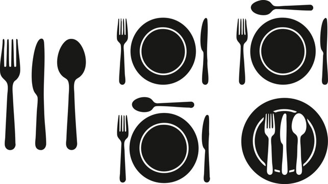 Sophisticated black silhouette icons representing various table settings including plates with matching silverware like forks knives and spoons for professional culinary dining establishments 