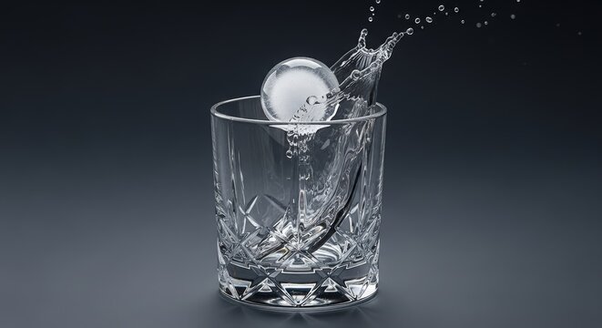 Crystal clear glass receiving a falling ice sphere with dynamic water splash