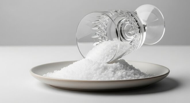 A clear crystal glass pouring white salt onto a ceramic plate, showcasing culinary preparation and bar service