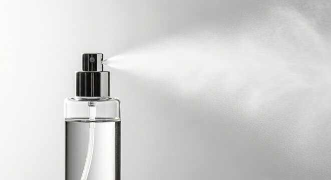 Glass perfume atomizer spraying fine mist isolated on a light background.