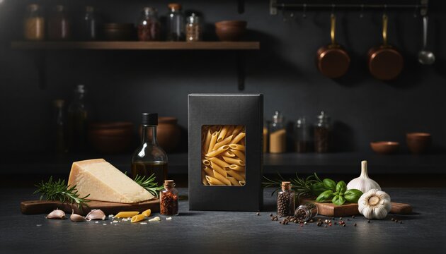 Premium pasta box in a dark restaurant atmosphere