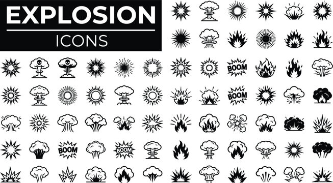 Explosion Icons Set Featuring Various Blast Effects, Fire, and Shockwave Designs for Action, Games, and Media Projects