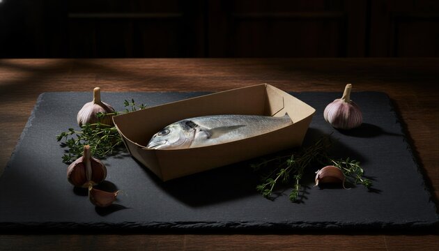 Premium whole sea bream on dark slate with dramatic lighting