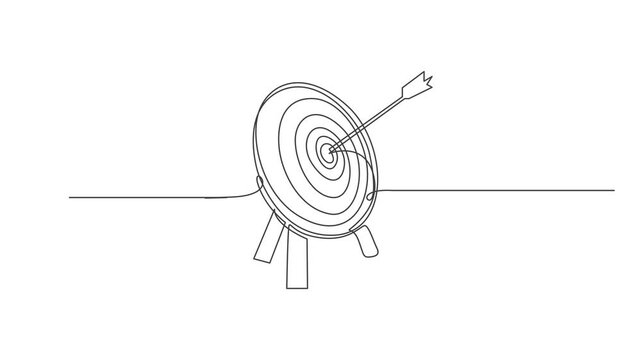 target with arrow,Continuous one line drawing of arrow in center of target.Arrow hitting target center, Single line drawing animation, Goal achievement minimal.