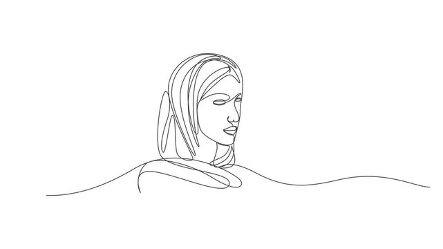 Self drawing animation of muslim woman. Hijab scarf portrait hand drawn sketch. Continuous one line drawing,Muslim hijabi girl one continuous line drawn animation.