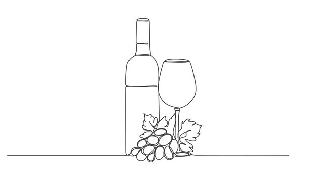 Self drawing line animation Bottle and glass of whiskey in minimalism. ideo of drawing with line in 4k,Single continuous line drawing of bottle of wine and wine glass.