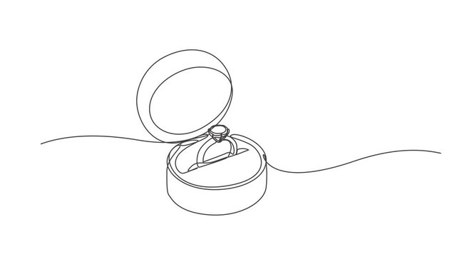silver jewelry box,Wedding ring continuous one line drawing animation,marriage. Romantic template for invitations and cards in simple linear style.