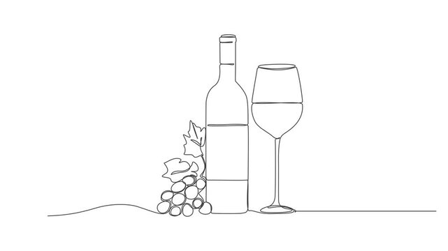 Self drawing line animation Bottle and glass of whiskey in minimalism. ideo of drawing with line in 4k,Single continuous line drawing of bottle of wine and wine glass.