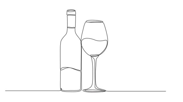 Self drawing line animation Bottle and glass of whiskey in minimalism. ideo of drawing with line in 4k,Single continuous line drawing of bottle of wine and wine glass.