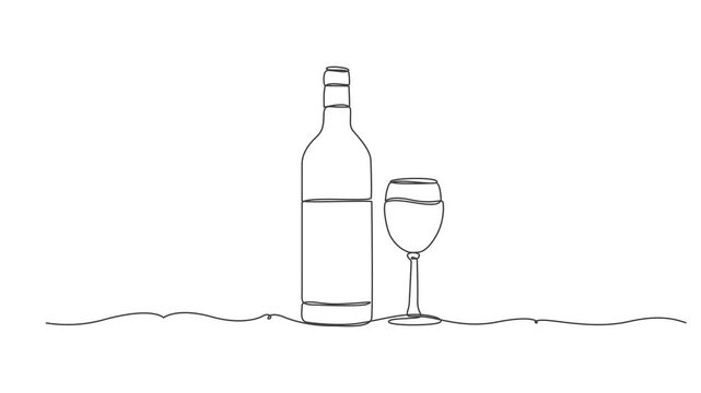 Self drawing line animation Bottle and glass of whiskey in minimalism. ideo of drawing with line in 4k,Single continuous line drawing of bottle of wine and wine glass.