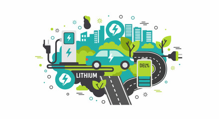 Fototapeta premium Sustainable Electric Car Transportation Concept Vector with EV Charging Point, Lithium-Ion Battery, and Eco-Friendly Smart City Infrastructure