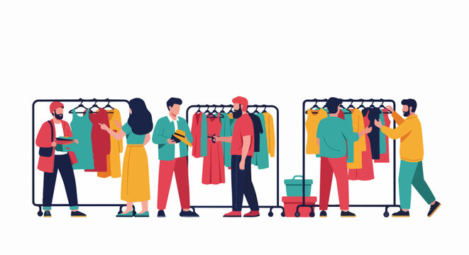 People Shopping at a Thrift Store or Flea Market Illustration - Sustainable Fashion and Second-Hand Clothing Swap Concept on White Background