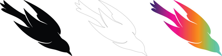 Naklejka premium Diving Flying Swallow Bird Icon Vector Silhouette Outline Gradient Set