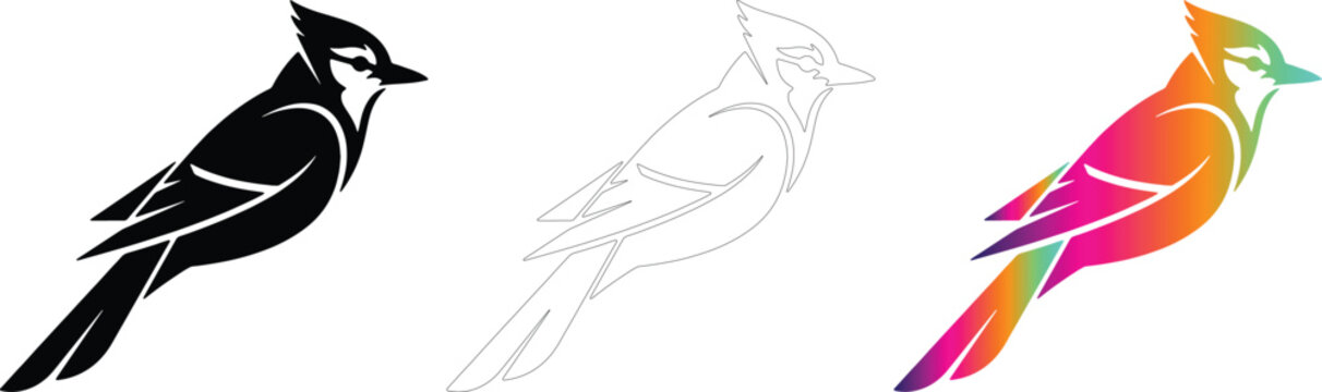 Blue Jay Bird Vector Icons Set, Black Silhouette and Colorful Gradient Jay, Nature Logo Design