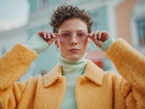Young woman with curly hair adjusts her pink tinted glasses, wearing a fluffy yellow coat