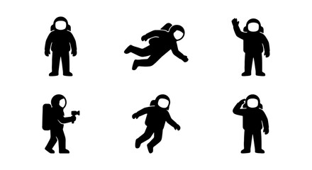 Collection of six black astronaut silhouettes in various poses © PURE VECTOR WORK