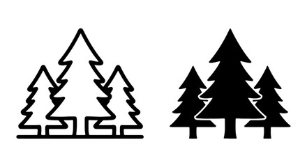 Obraz premium Black and white pine tree icons in various styles and shapes