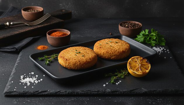 Sophisticated fishcakes on a dark textured surface