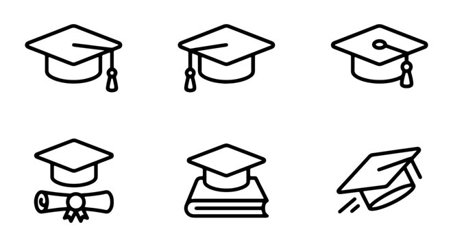 Graduation caps and diplomas icons in simple line style for education concepts