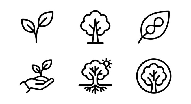 Set of tree and leaf icons in line style for ecology or growth concepts