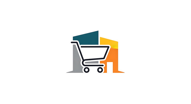 Modern colorful digital shopping cart and abstract building logo representing convenient online retail and home delivery services for consumers