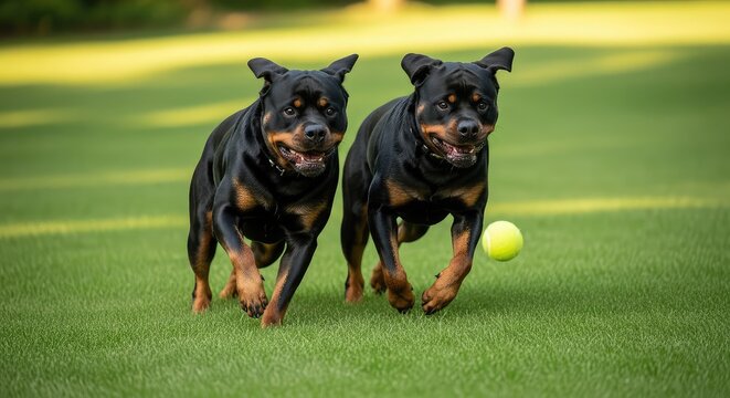 Two powerful Rottweiler dogs sprint across a vibrant green lawn, eyes fixed on a rolling yellow ball during a playful game in the park, friendship, toy, athletic