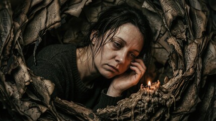 Obraz premium Exhausted woman sitting amid pile of old papers and candle. Professional burnout, mental fatigue and deep chronic stress concept. Overworked individual feeling hopeless and drained.