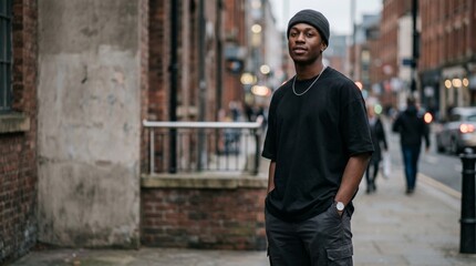 Obraz premium Young man in black oversized t-shirt and beanie outdoors
