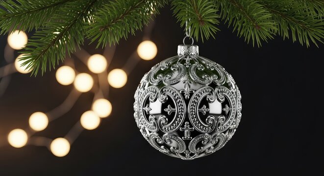 Una splendida pallina natalizia in argento lucido con eleganti decorazioni a rilievo, appesa a un ramo di pino con luci soffuse in sottofondo, pine, december, needles