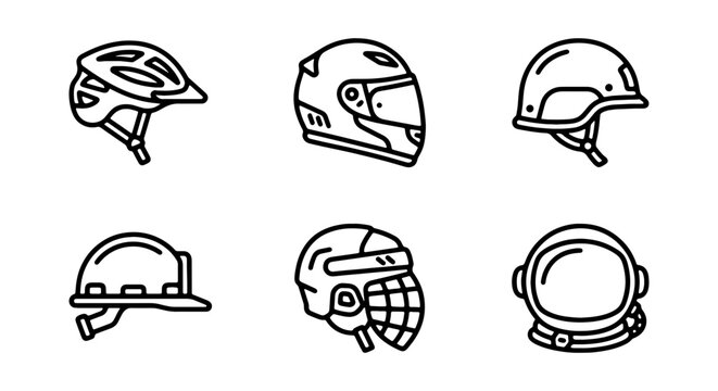 Collection of various helmets and head protection gear for sports and safety