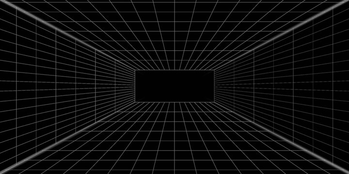 Futuristic perspective grid box. Abstract wireframe with white grid line on black background. Virtual reality landscape in 80s 90s digital style. Vector