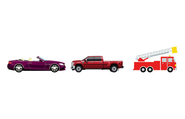 Naklejka premium Diverse Vector Vehicle Collection Convertible, Pickup Truck, and Fire Engine Icons for Transportation Themes and Graphic Design