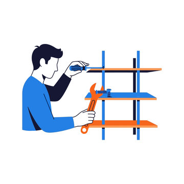 Detailed vector graphic of a man carefully assembling a flat-pack shelving unit using tools