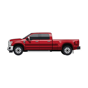 Red Heavy Duty Pickup Truck with Dually Rear Wheels Vector Illustration