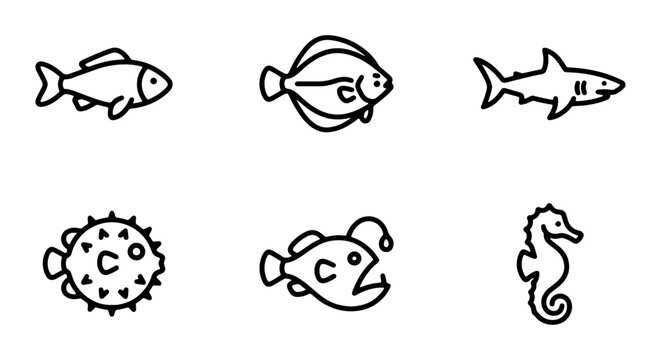 Collection of various fish and sea creatures in simple line art style