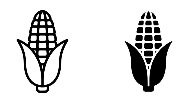 Black and white corn icons with leaves, vector illustration