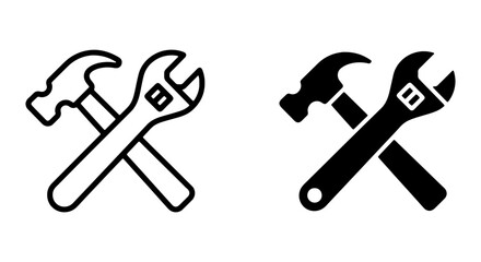 Black and white line icons of crossed hammer and wrench tools © PURE VECTOR WORK