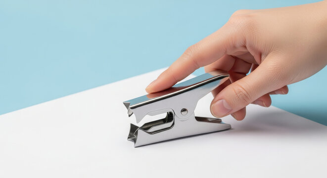 Hand using a silver staple remover tool to remove staples from paper documents in an office setting