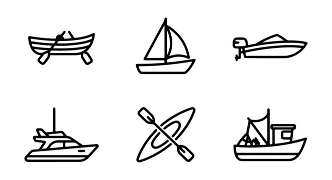 Collection of various boat and ship icons in line art style