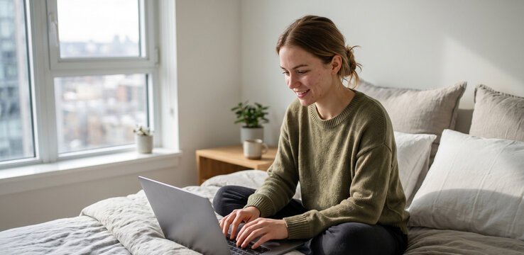 Young woman working on laptop in bedroom