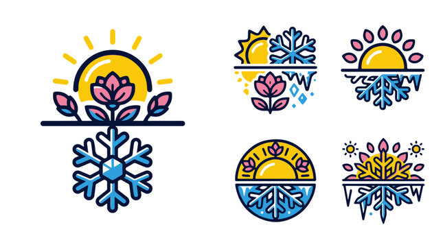 Summer Solstice Icons Representing Seasons Transition Warmth Cold