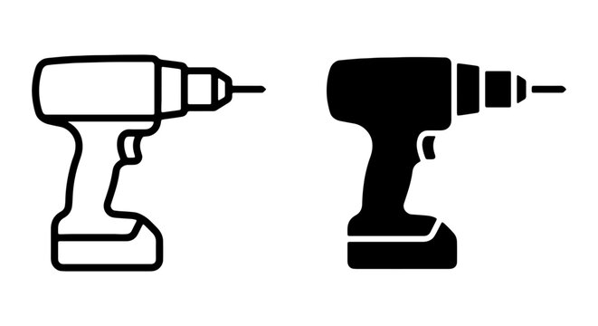 Black and white line art and solid icon of cordless power drills