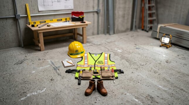 Construction site tools and equipment laid out on concrete floor. Construction work.