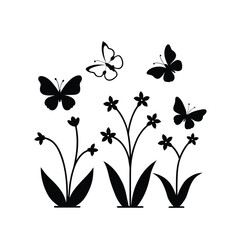 Butterflies flying over blooming flowers in a garden scene, black and white © Ram Gopal Dey