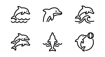 Fototapeta premium Set of six black line art dolphin icons in different swimming poses