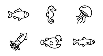 Black line drawings of various sea creatures © PURE VECTOR WORK
