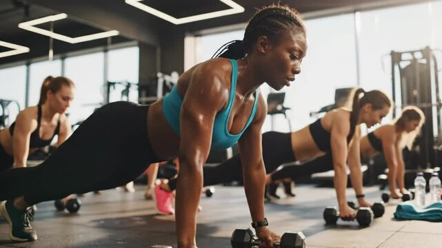 Focused group of women doing dumbbell push-ups in a modern gym setting with fitness equipment.